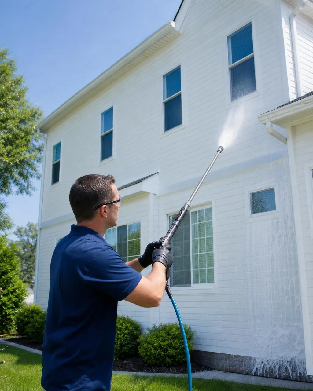 Technician soft washing a home exterior