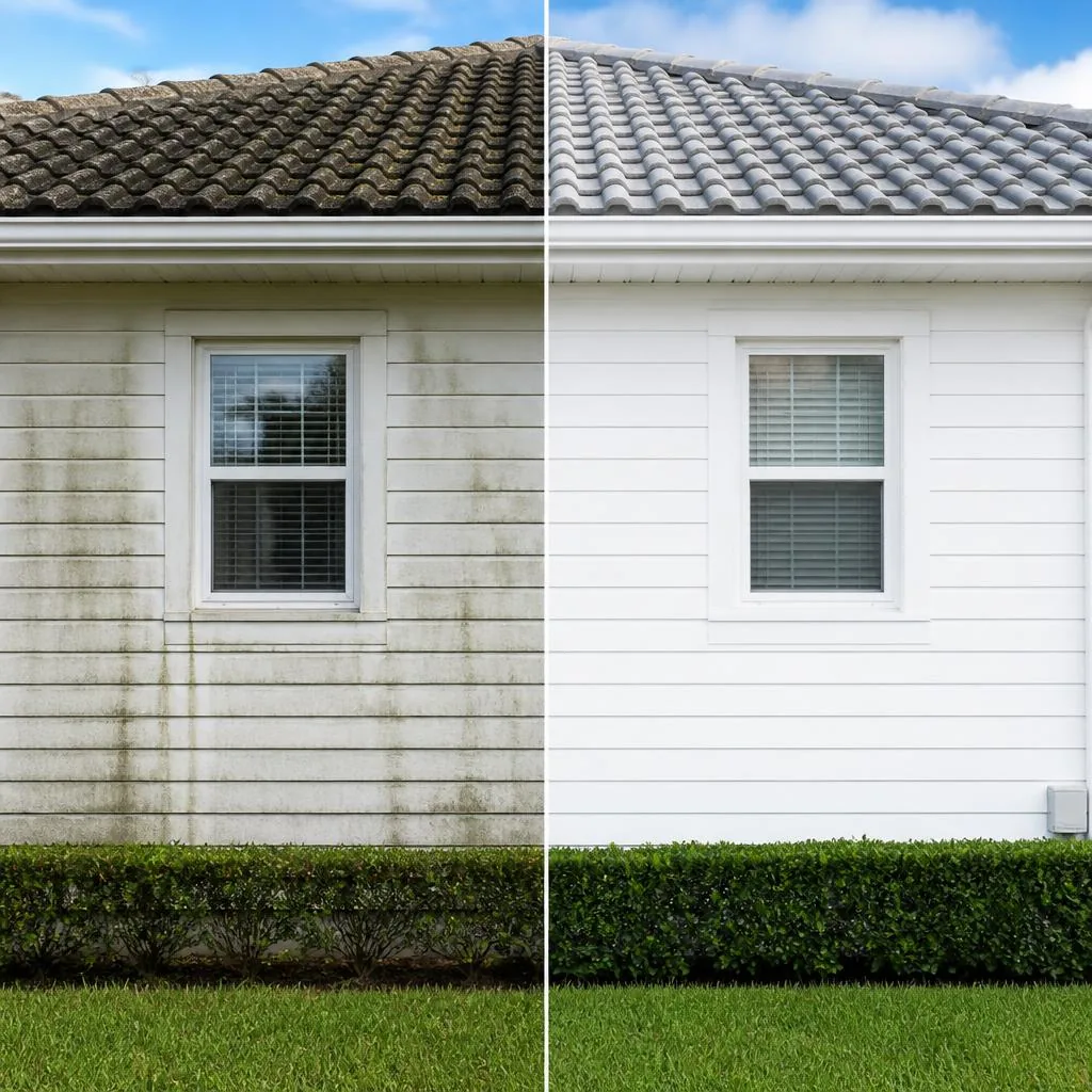 House exterior before and after soft washing