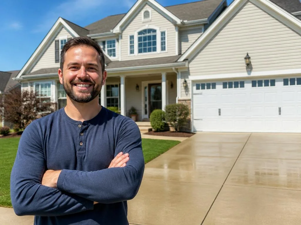 Happy homeowner in front of a freshly cleaned property